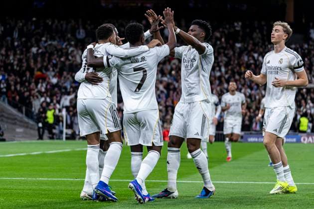 UEFA Champions League soccer match Real Madrid vs Monaco at Santiago Bernabeu stadium in Madrid, Spain. 20 January 2026 Kylian Mbappe celebrates a goal 900 Cordon Press  900 CordonxPress LOF - Champions League Real Madrid vs Monaco