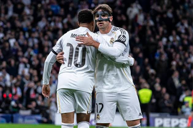 UEFA Champions League soccer match Real Madrid vs Monaco at Santiago Bernabeu stadium in Madrid, Spain. 20 January 2026 Kylian Mbappe celebrates a goal with Asencio 900 Cordon Press  900 CordonxPress LOF - Champions League Real Madrid vs Monaco