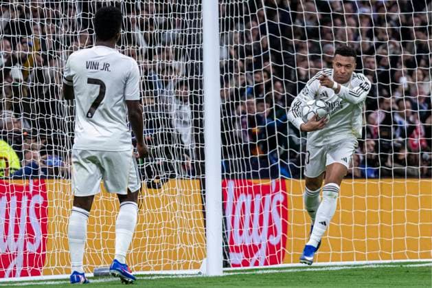 UEFA Champions League soccer match Real Madrid vs Monaco at Santiago Bernabeu stadium in Madrid, Spain. 20 January 2026 Kylian Mbappe celebrates a goal with Vinicius Jr 900 Cordon Press  900 CordonxPress LOF - Champions League Real Madrid vs Monaco