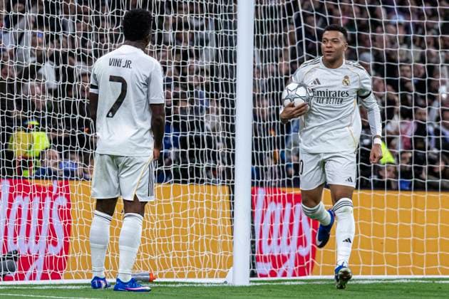 UEFA Champions League soccer match Real Madrid vs Monaco at Santiago Bernabeu stadium in Madrid, Spain. 20 January 2026 Kylian Mbappe celebrates a goal with Vinicius Jr 900 Cordon Press  900 CordonxPress LOF - Champions League Real Madrid vs Monaco
