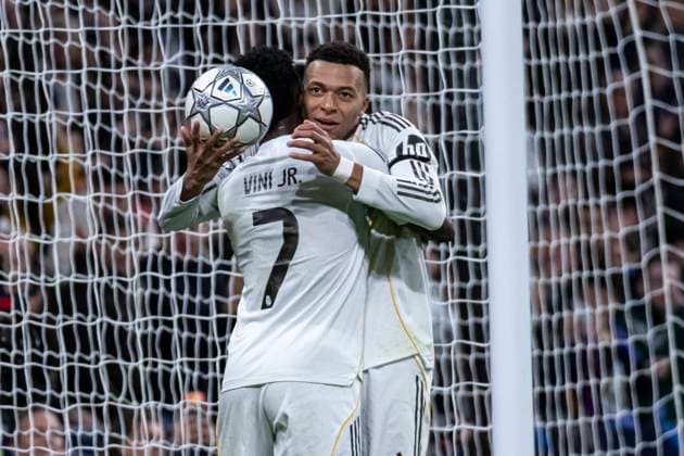 UEFA Champions League soccer match Real Madrid vs Monaco at Santiago Bernabeu stadium in Madrid, Spain. 20 January 2026 Kylian Mbappe celebrates a goal with Vinicius Jr 900 Cordon Press  900 CordonxPress LOF - Champions League Real Madrid vs Monaco