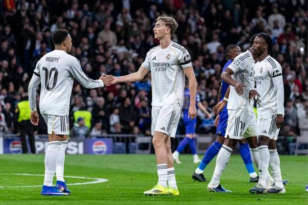 UEFA Champions League soccer match Real Madrid vs Monaco at Santiago Bernabeu stadium in Madrid, Spain. 20 January 2026 Kylian Mbappe and Huijsen 900 Cordon Press  900 CordonxPress LOF - Champions League Real Madrid vs Monaco