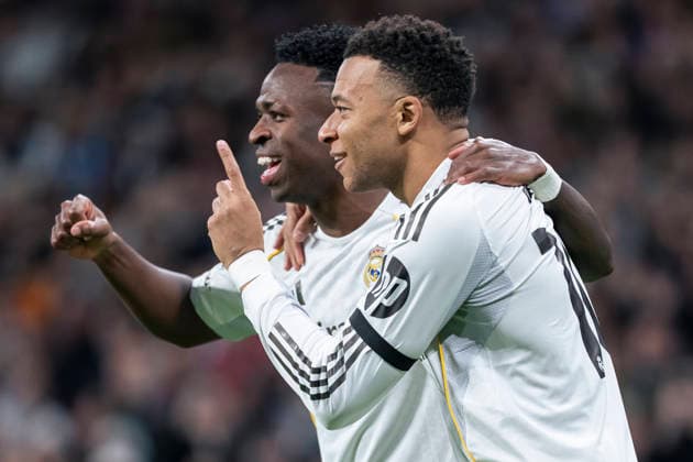 REAL MADRID CF v AS MONACO. CHAMPIONS LEAGUE 2025 2026. ROUND 7. Real Madrid CF s Kylian Mbappe and Vinicius Junior celebrate goal during Champions League 2025 2026 Round 7 match. January 20,2026. (ALTERPHOTOS Tomas Garrido) MadridSpain  Copyright: xTomasxGarridox