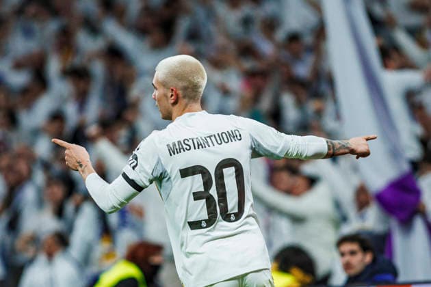 Real Madrid CF vs AS Monaco FC - UEFA Champions League - 20 01 2026 Franco Mastantuono of Real Madrid CF celebrates his goal during the UEFA Champions League match between Real Madrid CF and AS Monaco FC at Santiago Bernabeu Stadium on January 20, 2026 in Madrid, Spain. Madrid Spain Copyright: xMarinaxFrutos PGSxPhotoxAgencyx