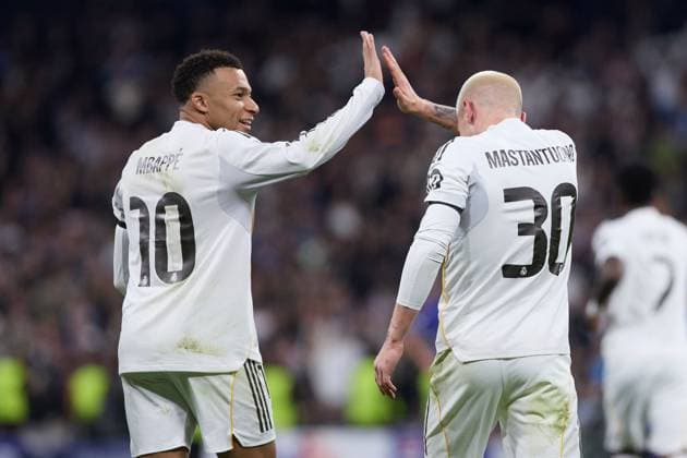Franco Mastantuono of Real Madrid CF celebrates after scoring a goal with Kylian Mbappe of Real Madrid CF Real Madrid v AS Monaco, UEFA Champions League, Group Stage, Football, Estadio Bernabeu, Madrid, Spain - 20 Jan 2026Madrid Estadio Bernabeu Spain EDITORIAL USE ONLY No use with unauthorised audio, video, data, fixture lists, club league logos or live services. Online in-match use limited to 120 images, no video emulation. No use in betting, games or single club league player publications. Copyright: xRubenxAlbarran Shutterstockx 16374322co