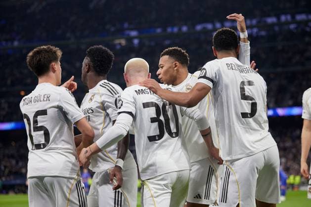 Franco Mastantuono of Real Madrid CF celebrates with his teammates after scoring a goal Real Madrid v AS Monaco, UEFA Champions League, Group Stage, Football, Estadio Bernabeu, Madrid, Spain - 20 Jan 2026Madrid Estadio Bernabeu Spain EDITORIAL USE ONLY No use with unauthorised audio, video, data, fixture lists, club league logos or live services. Online in-match use limited to 120 images, no video emulation. No use in betting, games or single club league player publications. Copyright: xRubenxAlbarran Shutterstockx 16374322bx