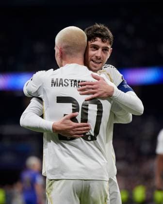 Franco Mastantuono of Real Madrid CF celebrates after scoring a goal Real Madrid v AS Monaco, UEFA Champions League, Group Stage, Football, Estadio Bernabeu, Madrid, Spain - 20 Jan 2026Madrid Estadio Bernabeu Spain EDITORIAL USE ONLY No use with unauthorised audio, video, data, fixture lists, club league logos or live services. Online in-match use limited to 120 images, no video emulation. No use in betting, games or single club league player publications. Copyright: xRubenxAlbarran Shutterstockx 16374322bw