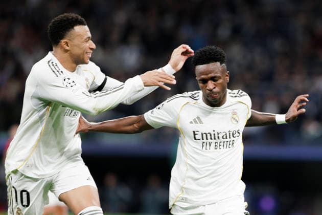 UEFA champions league - Real Madrid vs AS Monaco MADRID, SPAIN - January 20:Vinicius Jr of Real Madrid and Kylian Mbappe of Real Madrid celebrates a goal during the UEFA champions league 2025 26 match between Real Madrid and AS Monaco at Santiago Bernabeu Stadium. (Photo by Guille Martinez f22photo) Madrid Santiago Bernabeu Stadium Spain Copyright: xGuillermoxMartinezx