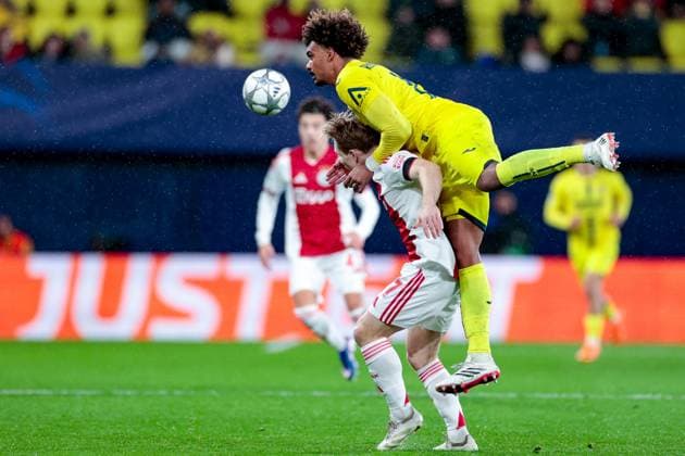 VILLARREAL , 20- 01-2026 , Estadio de la Ceramica, Season 2025 2026, UEFA Champions League match between Villarreal and Ajax. Picture shows Villareal player Renato Veiga vs Ajax player Oliver Edvardsen Villarreal - Ajax  x200957641x Copyright: