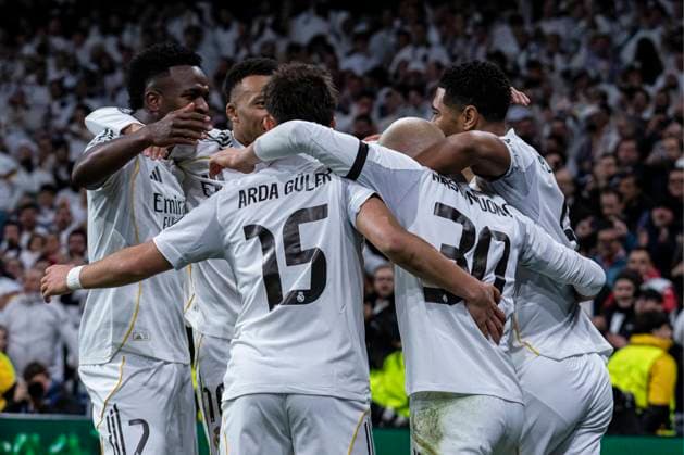 UEFA Champions League soccer match Real Madrid vs Monaco at Santiago Bernabeu stadium in Madrid, Spain. 20 January 2026 Real Madrid players celebrate a goal of Mastantuono 900 Cordon Press  900 CordonxPress LOF - Champions League Real Madrid vs Monaco