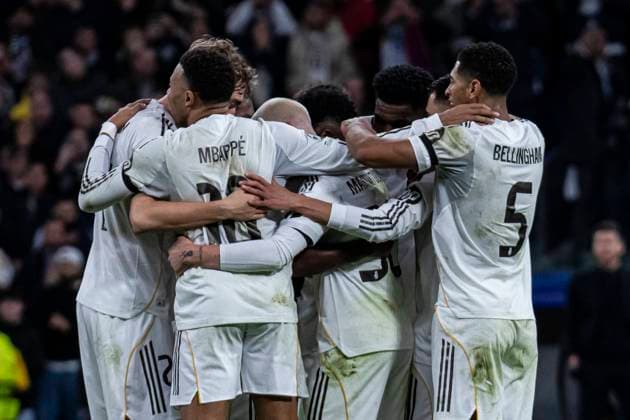 UEFA Champions League soccer match Real Madrid vs Monaco at Santiago Bernabeu stadium in Madrid, Spain. 20 January 2026 Vinicius Jr celebrates a goal with Real Madrid players 900 Cordon Press  900 CordonxPress LOF - Champions League Real Madrid vs Monaco