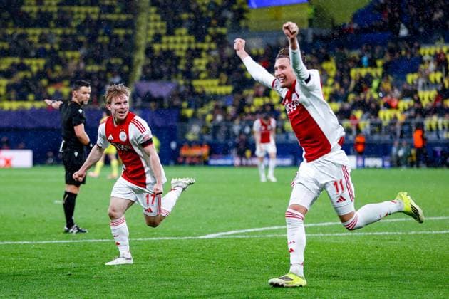 VILLARREAL , 20- 01-2026 , Estadio de la Ceramica, Season 2025 2026, UEFA Champions League match between Villarreal and Ajax. Picture shows Ajax player Oliver Edvardsen scores the 1-2 and celebrates Villarreal - Ajax  x200957937x Copyright: