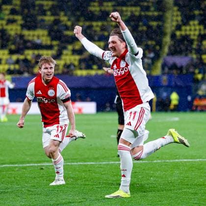 VILLARREAL , 20- 01-2026 , Estadio de la Ceramica, Season 2025 2026, UEFA Champions League match between Villarreal and Ajax. Picture shows Ajax player Oliver Edvardsen scores the 1-2 and celebrates Villarreal - Ajax  x200958067x Copyright: