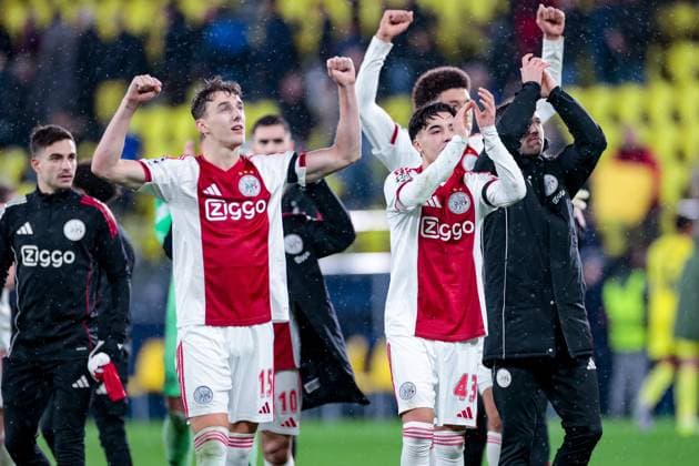 VILLARREAL , 20- 01-2026 , Estadio de la Ceramica, Season 2025 2026, UEFA Champions League match between Villarreal and Ajax. Picture shows Ajax players celebrations after winning the match with 1-2 Ajax player Youri Baas Villarreal - Ajax  x200958092x Copyright: