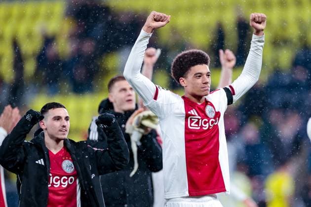 VILLARREAL , 20- 01-2026 , Estadio de la Ceramica, Season 2025 2026, UEFA Champions League match between Villarreal and Ajax. Picture shows Ajax players celebrations after winning the match with 1-2 Ajax player Aaron Bouwman Villarreal - Ajax  x200958093x Copyright: