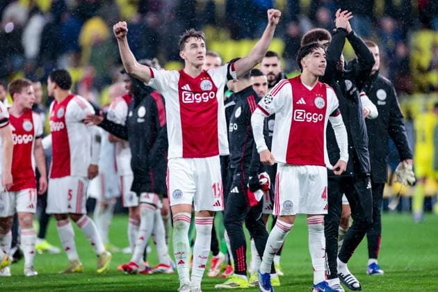 VILLARREAL , 20- 01-2026 , Estadio de la Ceramica, Season 2025 2026, UEFA Champions League match between Villarreal and Ajax. Picture shows Ajax players celebrations after winning the match with 1-2 Ajax player Youri Baas Villarreal - Ajax  x200958095x Copyright: