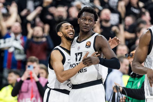 MUNICH, GERMANY - JANUARY 20: Cameron Payne (Partizan Mozzart Bet Belgrade, 15) and Isaac Bonga (Partizan Mozzart Bet Belgrade, 17) smile after winning the Turkish Airlines EuroLeague match between FC Bayern Muenchen vs. Partizan Mozzart Bet Belgrade at SAP Garden on round 23 of Turkish Airlines EuroLeague on January 20, 2026 in Munich, Germany. Bavaria Germany Copyright: xSteffiexWunderlx