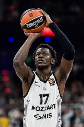 MUNICH, GERMANY - JANUARY 20: Isaac Bonga (Partizan Mozzart Bet Belgrade, 17) shoots from the freethrow line during the Turkish Airlines EuroLeague match between FC Bayern Muenchen vs. Partizan Mozzart Bet Belgrade at SAP Garden on round 23 of Turkish Airlines EuroLeague on January 20, 2026 in Munich, Germany. Bavaria Germany Copyright: xSteffiexWunderlx