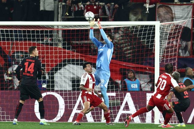 UEFA Champions League, Olympiacos FC vs Bayer 04 Leverkusen - Kostas Tzolakis goalkeepr of Olympiacos in action during the UEFA Champions League league phase matchday 7 soccer match betweenOlympiacos and Leverkusen held at Georgios Karaiskakis Stadium in Piraeus, Greece, 20 January 2025. IMAGO ONE INCH PRODUCTIONS PIRAEUS Greece Copyright: xOnexInchxProductionsx 6819463