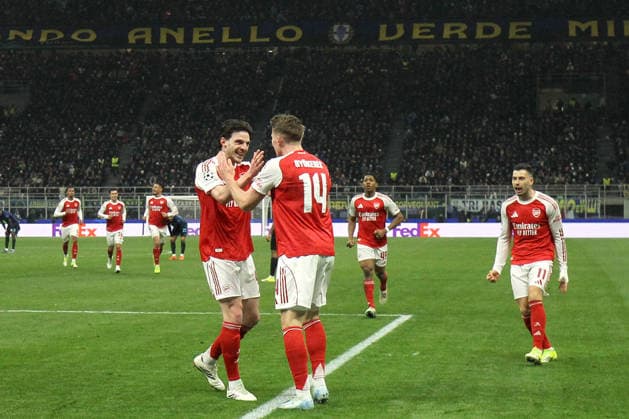 DECLAN RICE, VIKTOR GYOKERES, Arsenal, Champions League, 2025-26, Inter vs Arsenal 1-2, 20-01-2026, Esultanza, Celebration, Jubel CHAMPIONS LEAGUE 2025-26 INTER-ARSENAL 1-2