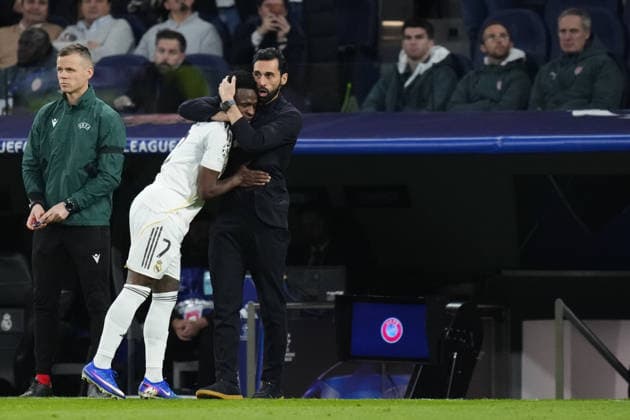 Real Madrid C.F. v AS Monaco - UEFA Champions League MADRID, SPAIN - JANUARY 20: Vinicius Junior left winger of Real Madrid and Brazil celebrates with Alvaro Arbeloa after scoring his sides first goal during the UEFA Champions League 2025 26 League Phase MD7 match between Real Madrid C.F. and AS Monaco at Estadio Santiago Bernabeu on January 20, 2026 in Madrid, Spain. Jose Hernandez Anadolu Madrid Spain. Editorial use only. Please get in touch for any other usage.  Copyright: x2026xAnadoluxJosexHernandezx