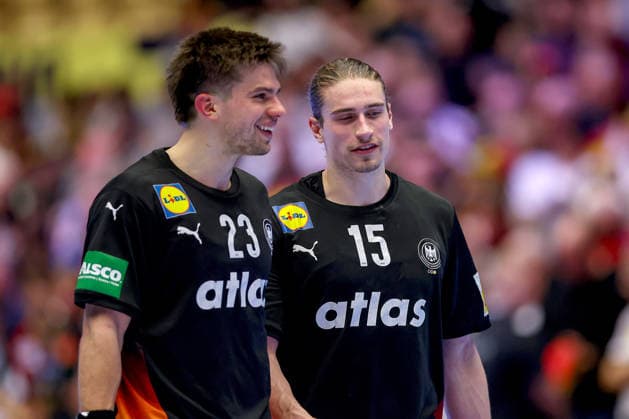 19 01 2026, Handball, Men s EHF EURO 2026, Germany Spain, Jyske Bank Boxen in Herning, Denmark, Preliminary Round Renars Uscins Germany 23 Juri Knorr Germany 15 Denmark