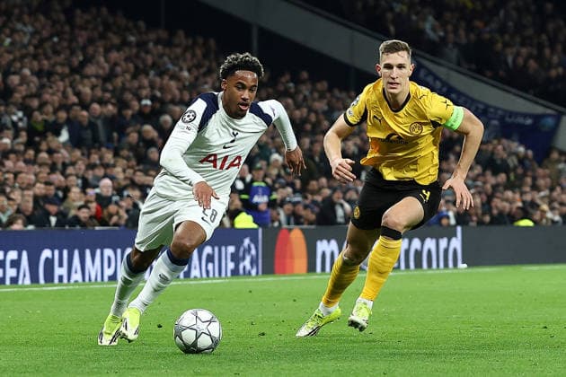 20th January 2026; Tottenham Hotspur Stadium, London, England; UEFA Champions League Football, Tottenham Hotspur versus Borussia Dortmund; Wilson Odobert of Tottenham Hotspur beats past Nico Schlotterbeck of Borussia Dortmund  IanxStephen
