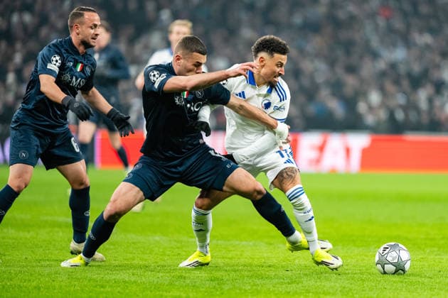 FC Copenhagen v Napoli, UEFA Champions League, Copenhagen, Denmark Copenhagen, Denmark. 20th, January 2026. Jordan Larsson (R) of FC Copenhagen and Alessandro Buongiorno (L) of Napoli seen during the UEFA Champions League match between FC Copenhagen and Napoli at Parken in Copenhagen. Denmark, Copenhagen  Copyright: xGonzalesxPhoto TobiasxJorgensenx