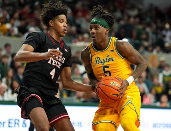 January 20, 2026, Waco, Texas, USA: Texas Tech guard CHRISTIAN ANDERSON (4) defends against Baylor guard OBI AGBIM (5) during a college basketball game between the Baylor Bears and the Texas Tech Red Raiders on January 20, 2026 in Waco, Texas. Texas Tech won, 92-73. Waco USA - ZUMAc201 20260120_zap_c201_015 Copyright: xScottxColemanx