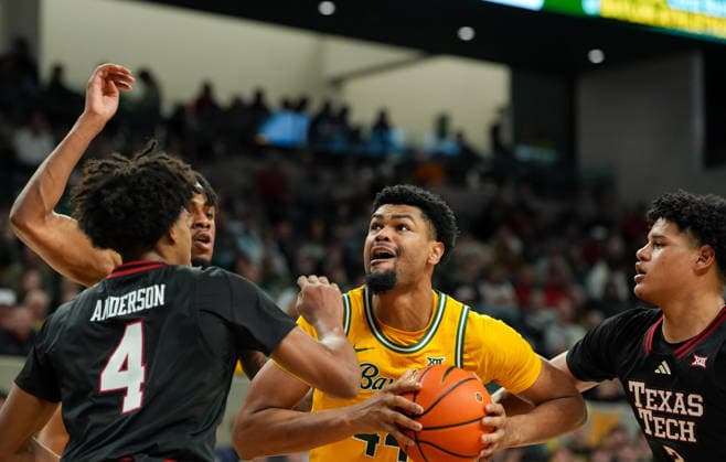 January 20, 2026, Waco, Texas, USA: Baylor center CADEN POWELL (44) looks for a shot against Texas Tech forward JT TOPPIN (15), guard CHRISTIAN ANDERSON (4) and forward LEJUAN WATTS (3) during a college basketball game between the Baylor Bears and the Texas Tech Red Raiders on January 20, 2026 in Waco, Texas. Texas Tech won, 92-73. Waco USA - ZUMAc201 20260120_zap_c201_016 Copyright: xScottxColemanx