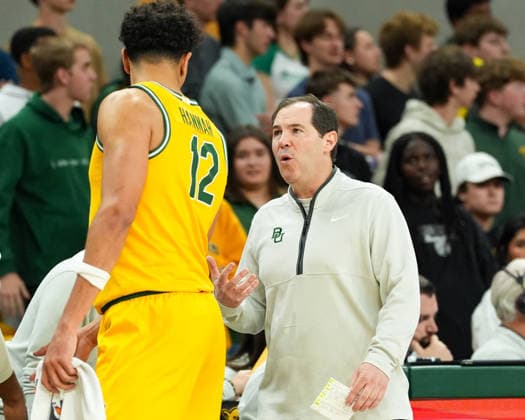 January 20, 2026, Waco, Texas, USA: Baylor head coach SCOTT DREW talks with Baylor guard MICHAEL RATAJ (12) during a college basketball game between the Baylor Bears and the Texas Tech Red Raiders on January 20, 2026 in Waco, Texas. Texas Tech won, 92-73. Waco USA - ZUMAc201 20260120_zap_c201_061 Copyright: xScottxColemanx