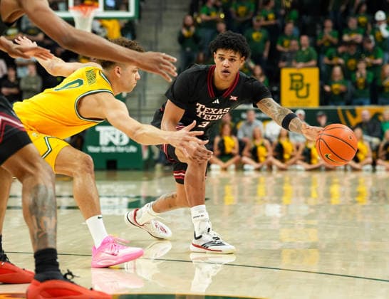 January 20, 2026, Waco, Texas, USA: Texas Tech forward LEJUAN WATTS (3) passes the ball during a college basketball game between the Baylor Bears and the Texas Tech Red Raiders on January 20, 2026 in Waco, Texas. Texas Tech won, 92-73. Waco USA - ZUMAc201 20260120_zap_c201_068 Copyright: xScottxColemanx
