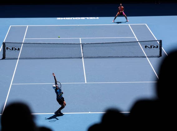 (260121) -- MELBOURNE, Jan. 21, 2026 -- Bai Zhuoxuan (front) of China serves during the women s singles 2nd round match against Aryna Sabalenka of Belarus at the Australian Open tennis tournament in Melbourne, Australia, Jan. 21, 2026. ) (SP)AUSTRALIA-MELBOURNE-TENNIS-AUSTRALIAN OPEN-WOMEN S SINGLES-DAY 4 MaxPing 