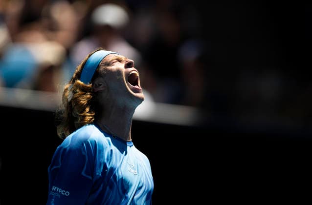 (260121) -- MELBOURNE, Jan. 21, 2026 -- Andrey Rublev of Russia celebrates scoring during the men s singles 2nd round match against Jaime Faria of Portugal at the Australian Open tennis tournament in Melbourne, Australia, Jan. 21, 2026 (Photo by Xinhua) (SP)AUSTRALIA-MELBOURNE-TENNIS-AUSTRALIAN OPEN-MEN S SINGLES-DAY 4 HuxJingchen 