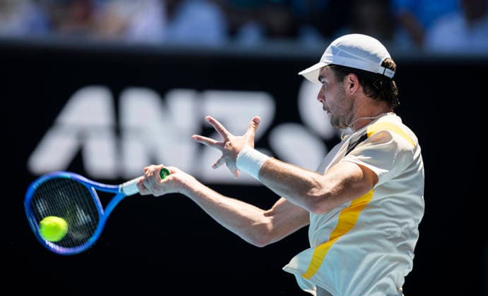 (260121) -- MELBOURNE, Jan. 21, 2026 -- Jaime Faria of Portugal hits a return during the men s singles 2nd round match against Andrey Rublev of Russia at the Australian Open tennis tournament in Melbourne, Australia, Jan. 21, 2026 (Photo by Xinhua) (SP)AUSTRALIA-MELBOURNE-TENNIS-AUSTRALIAN OPEN-MEN S SINGLES-DAY 4 HuxJingchen 