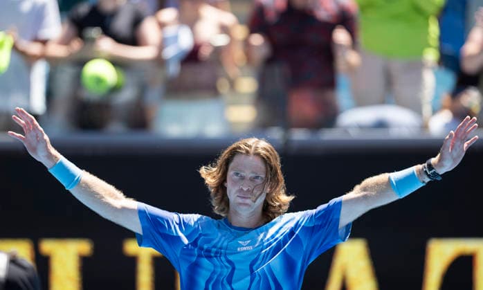 (260121) -- MELBOURNE, Jan. 21, 2026 -- Andrey Rublev of Russia celebrates after winning the men s singles 2nd round match against Jaime Faria of Portugal at the Australian Open tennis tournament in Melbourne, Australia, Jan. 21, 2026 (Photo by Xinhua) (SP)AUSTRALIA-MELBOURNE-TENNIS-AUSTRALIAN OPEN-MEN S SINGLES-DAY 4 HuxJingchen 