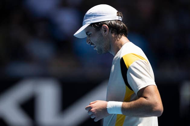 (260121) -- MELBOURNE, Jan. 21, 2026 -- Jaime Faria of Portugal reacts during the men s singles 2nd round match against Andrey Rublev of Russia at the Australian Open tennis tournament in Melbourne, Australia, Jan. 21, 2026 (Photo by Xinhua) (SP)AUSTRALIA-MELBOURNE-TENNIS-AUSTRALIAN OPEN-MEN S SINGLES-DAY 4 HuxJingchen 