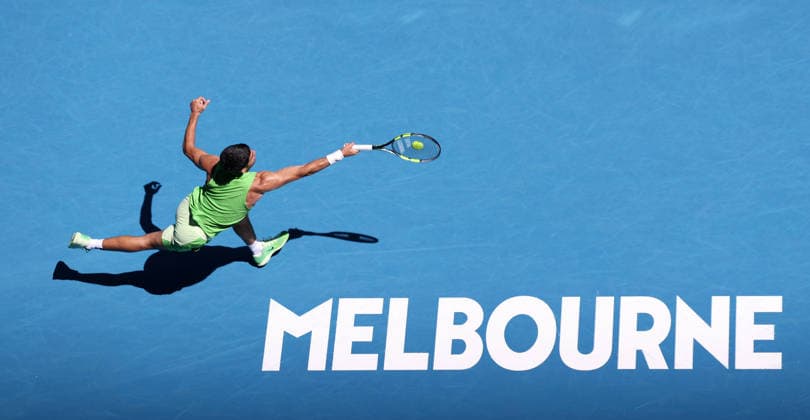 (260121) -- MELBOURNE, Jan. 21, 2026 -- Carlos Alcaraz of Spain hits a return during the men s singles 2nd round match against Yannick Hanfmann of Germany at the Australian Open tennis tournament in Melbourne, Australia, Jan. 21, 2026. ) (SP)AUSTRALIA-MELBOURNE-TENNIS-AUSTRALIAN OPEN-MEN S SINGLES-DAY 4 MaxPing 