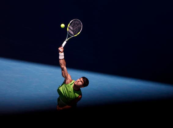 (260121) -- MELBOURNE, Jan. 21, 2026 -- Carlos Alcaraz of Spain hits a return during the men s singles 2nd round match against Yannick Hanfmann of Germany at the Australian Open tennis tournament in Melbourne, Australia, Jan. 21, 2026. ) (SP)AUSTRALIA-MELBOURNE-TENNIS-AUSTRALIAN OPEN-MEN S SINGLES-DAY 4 MaxPing 
