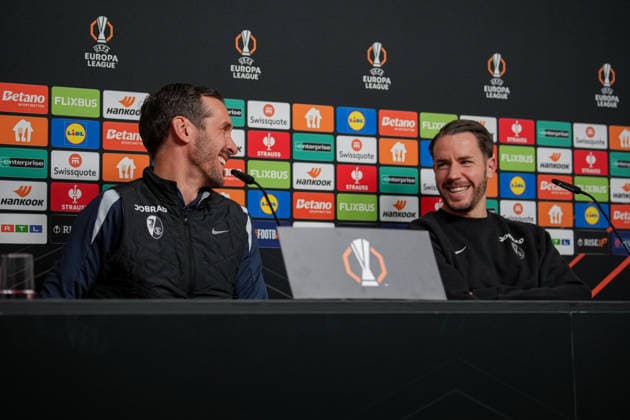 Soccer, Bundesliga, Men, Freiburg Europa Park Stadion, Sport, Europa Park Stadion, Press Conference, Europa League match, Maccabi Tel aviv, Julian Schuster SC Freiburg, Coach Christian Guenter SC Freiburg, 30 Freiburg Europa Park Stadion Baden Württemberg Germany Copyright: xFINLEYxMÖRCHx