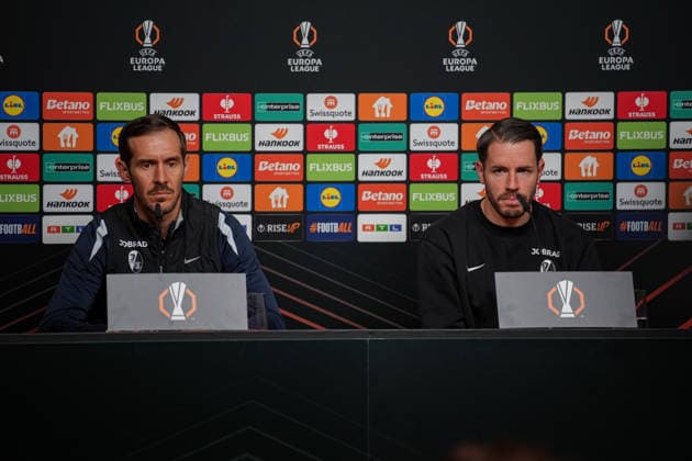 Soccer, Bundesliga, Men, Freiburg Europa Park Stadion, Sport, Europa Park Stadion, Press Conference, Europa League match, Maccabi Tel aviv, Julian Schuster SC Freiburg, Coach Christian Guenter SC Freiburg, 30 Freiburg Europa Park Stadion Baden Württemberg Germany Copyright: xFINLEYxMÖRCHx