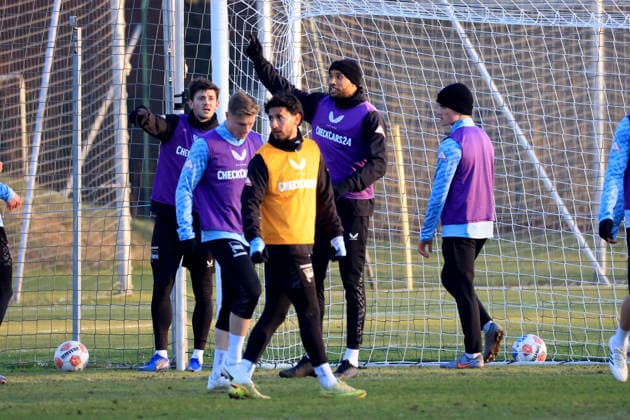 DEU, DFL, 2 FBL Hertha BSC, Training, 21 01 2026, Sportforum, Berlin, DEU, DFL, 2 FBL Hertha BSC, Training, im Bild John Anthony Brooks Hertha BSC Berlin 25 , Dawid Kownacki Hertha BSC Berlin 9 , Kevin Sessa Hertha BSC Berlin 8 , Julian Eitschberger Hertha BSC Berlin 2 DFL regulations prohibit any use of Photographs as image sequences and or quasi video nordphotoxGmbHx xEngler nph00076