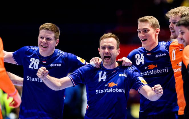 260121 Niels Gerardus Versteijnen, Bobby Schagen and Tom Jansen of the Netherlands celebrates during the EHF European Handball Championship preliminary round match between the Netherlands and Georgia on January 21, 2026 in Malmö Photo Petter Arvidson BILDBYRAN kod PA PA1129 handball handball handball handballs em 2026 nederländerna netherlands georgien ehf european handball championship georgia bbeng jubel celebrates  Copyright: PETTERxARVIDSON BB260121PA126