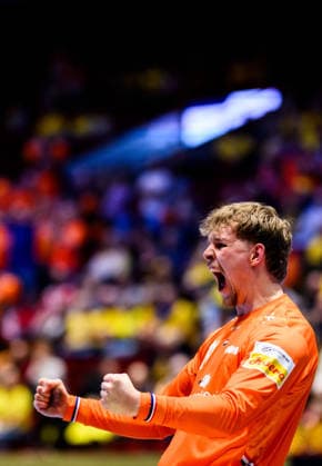 260121 Goalkeeper Jorick Pol of the Netherlands celebrates during the EHF European Handball Championship preliminary round match between the Netherlands and Georgia on January 21, 2026 in Malmö Photo Petter Arvidson BILDBYRAN kod PA PA1129 handball handboll handball handbolls em 2026 nederländerna netherlands georgien ehf european handball championship georgia bbeng jubel celebrates  Copyright: PETTERxARVIDSON BB260121PA128