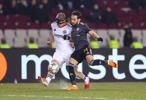 21 01 2026, Football UEFA Champions League, Qarabag Agdam FK Eintracht Frankfurt, v l , Rasmus Kristensen Eintracht Frankfurt , Elvin Cafarquliyev Qarabag Agdam FK DFL DFB REGULATIONS PROHIBIT ANY USE OF PHOTOGRAPHS AS IMAGE SEQUENCES AND OR QUASI VIDEO xdcx Copyright: HMBxMedia Claus