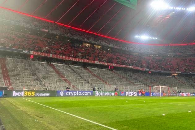 Collective penalty empty Suedkurve,empty Suedbloch of Bayern fans,football fans Schickeria football Champions League,season 2025 26, league phase FC Bayern Muenchen Royale Union Saint Gilloise on 21 01 2026