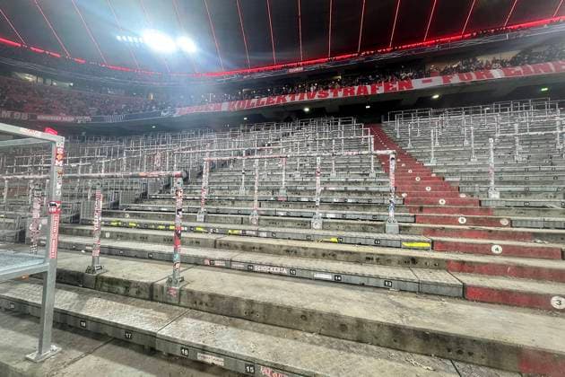 Collective penalty empty Suedkurve,empty Suedbloch of Bayern fans,football fans Schickeria football Champions League,season 2025 26, league phase FC Bayern Muenchen Royale Union Saint Gilloise on 21 01 2026