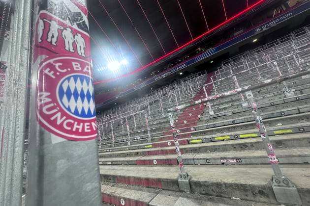 Collective penalty empty Suedkurve,empty Suedbloch of Bayern fans,football fans Schickeria football Champions League,season 2025 26, league phase FC Bayern Muenchen Royale Union Saint Gilloise on 21 01 2026