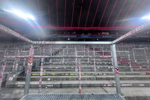 Collective penalty empty Suedkurve,empty Suedbloch of Bayern fans,football fans Schickeria football Champions League,season 2025 26, league phase FC Bayern Muenchen Royale Union Saint Gilloise on 21 01 2026