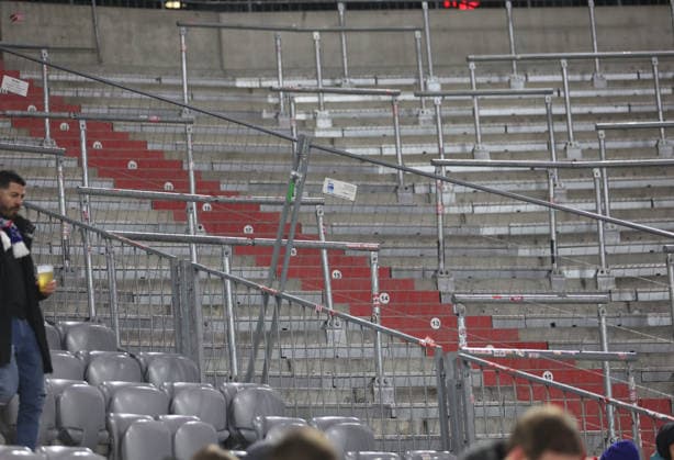 Football, Men, Champions League, Season 2025 2026, FC Bayern München Royale Union Saint Gilloise, Matchday 7, Allianz Arena Here the empty south curve is cordoned off with extra fences